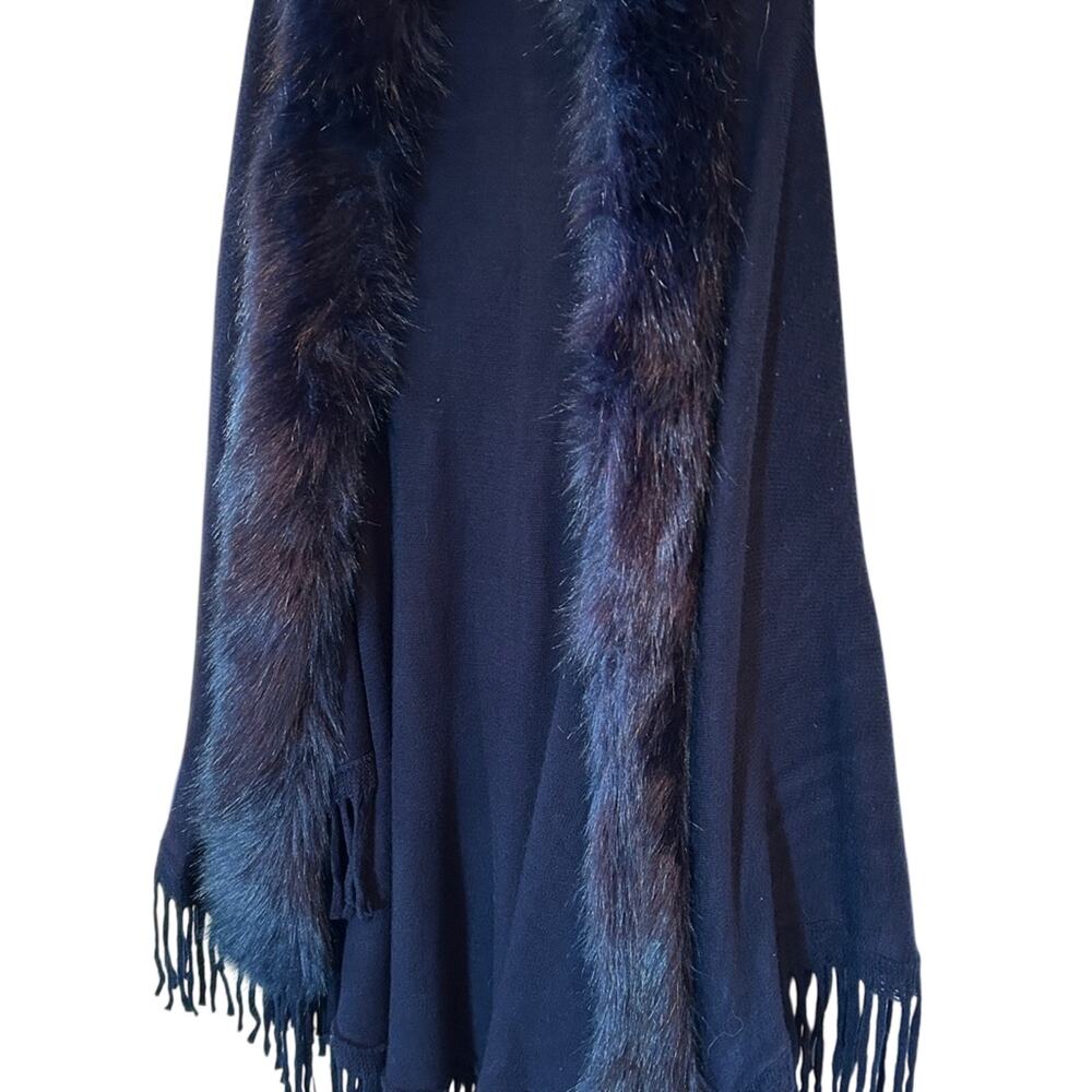 Kimberly C Navy Blue Faux Fur Trim Poncho Cape Wrap OS